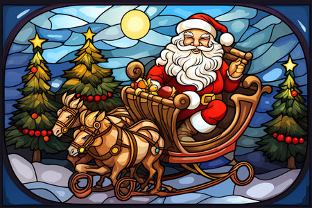 Illustration in stained glass style with Santa Claus on a sleigh pulled by a Christmas treeの素材