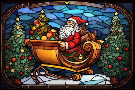 Illustration in stained glass style with Santa Claus on a sleigh pulled by a Christmas treeの素材