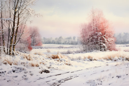 Winter landscape with snowy trees and meadow in painting style backgroundの素材