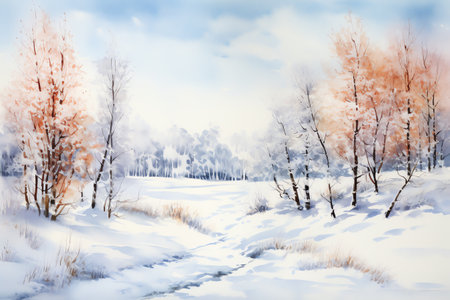 Winter landscape with snowy trees and meadow in painting style backgroundの素材
