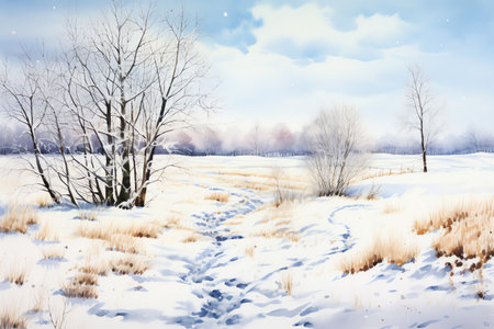 Winter landscape with snowy trees and meadow in painting style backgroundの素材