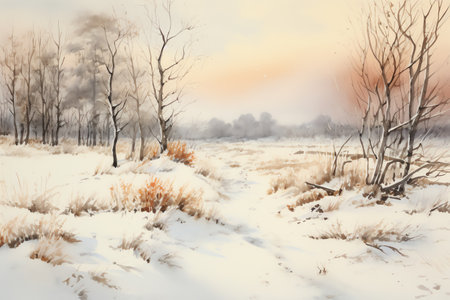 Winter landscape with snowy trees and meadow in painting style backgroundの素材