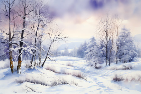 Winter landscape with snowy trees and meadow in painting style backgroundの素材
