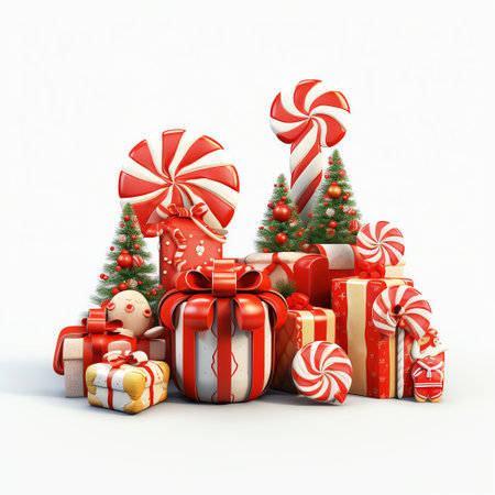 Christmas element with gift boxes and baubles isolated on white backgroundの素材
