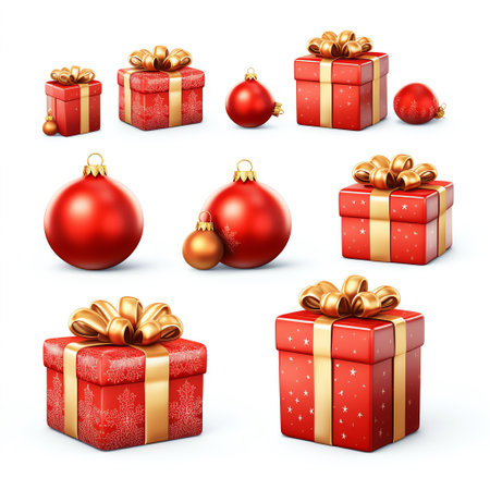Christmas element with gift boxes and baubles isolated on white backgroundの素材