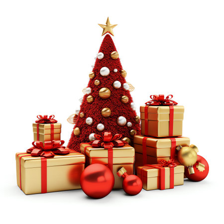 Christmas element with gift boxes and baubles isolated on white backgroundの素材