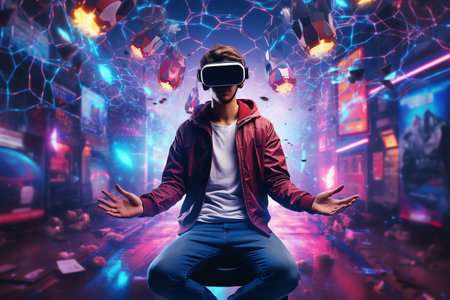 a man wears virtual reality headset in metaverse, future technology, digital nativeの素材