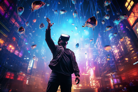 a man wears virtual reality headset in metaverse, future technology, digital nativeの素材