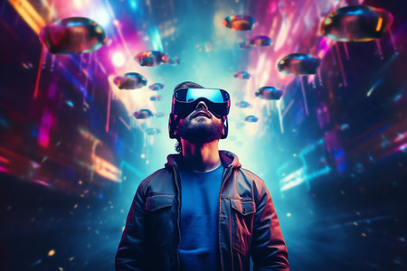 a man wears virtual reality headset in metaverse, future technology, digital nativeの素材