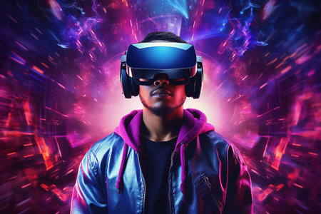 a man wears virtual reality headset in metaverse, future technology, digital nativeの素材