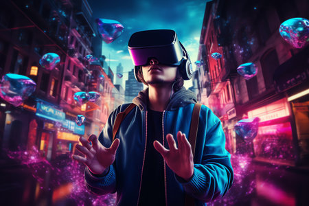 a man wears virtual reality headset in metaverse, future technology, digital nativeの素材