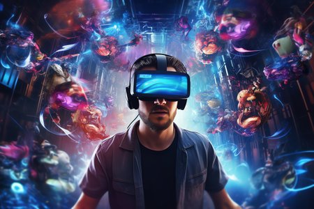 a man wears virtual reality headset in metaverse, future technology, digital nativeの素材