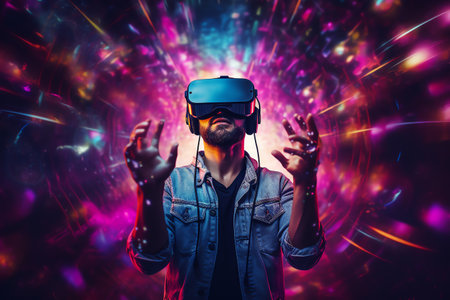 a man wears virtual reality headset in metaverse, future technology, digital nativeの素材
