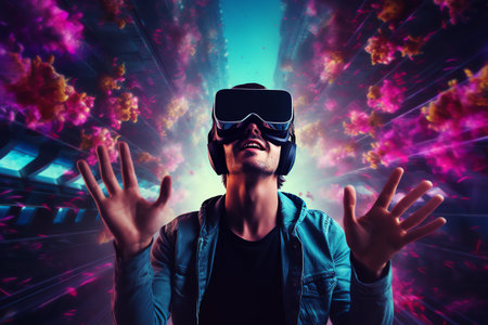 a man wears virtual reality headset in metaverse, future technology, digital nativeの素材