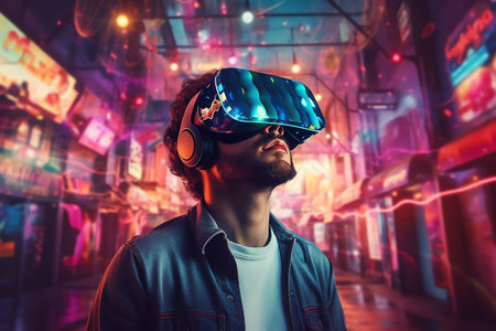 a man wears virtual reality headset in metaverse, future technology, digital nativeの素材