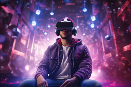 a man wears virtual reality headset in metaverse, future technology, digital nativeの素材