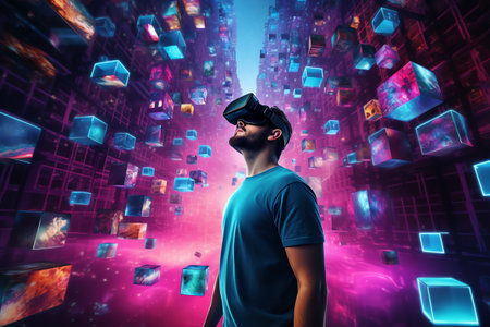 a man wears virtual reality headset in metaverse, future technology, digital nativeの素材
