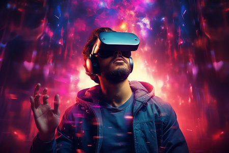 a man wears virtual reality headset in metaverse, future technology, digital nativeの素材