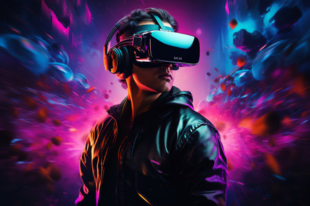 a man wears virtual reality headset in metaverse, future technology, digital nativeの素材