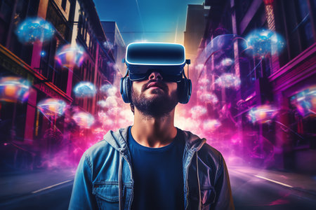 a man wears virtual reality headset in metaverse, future technology, digital nativeの素材