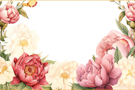 peony flowers border frame watercolor backgroundの素材