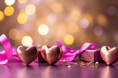 heart shaped chocolate with ribbon decoration, bokeh light background. valentine greeting card, banner, backgroundの素材