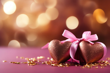 heart shaped chocolate with ribbon decoration, bokeh light background. valentine greeting card, banner, backgroundの素材