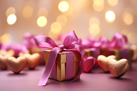 heart shaped chocolate with ribbon decoration, bokeh light background. valentine greeting card, banner, backgroundの素材
