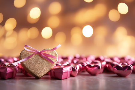 heart shaped chocolate with ribbon decoration, bokeh light background. valentine greeting card, banner, backgroundの素材