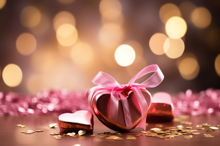 heart shaped chocolate with ribbon decoration, bokeh light background. valentine greeting card, banner, backgroundの素材