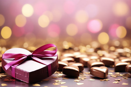 heart shaped chocolate with ribbon decoration, bokeh light background. valentine greeting card, banner, backgroundの素材