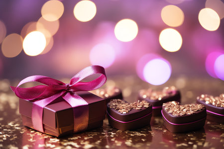 heart shaped chocolate with ribbon decoration, bokeh light background. valentine greeting card, banner, backgroundの素材
