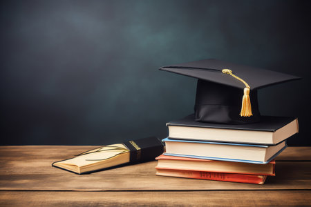 graduation hat and stack of books on the table, educational conceptの素材