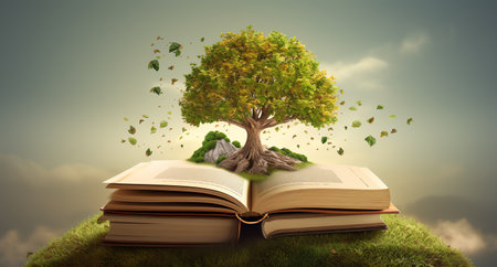 a tree on the top of books, in the style of nature and educationの素材