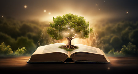 a tree on the top of books, in the style of nature and educationの素材