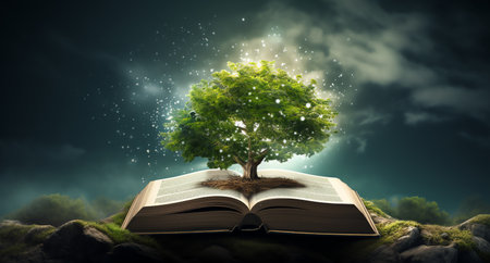 a tree on the top of books, in the style of nature and educationの素材