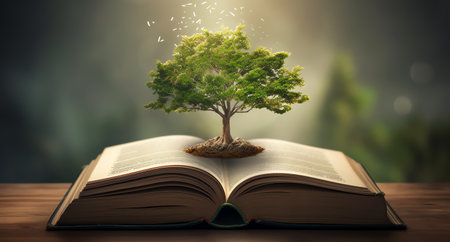 a tree on the top of books, in the style of nature and educationの素材