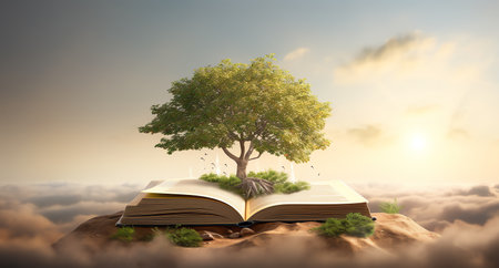 a tree on the top of books, in the style of nature and educationの素材