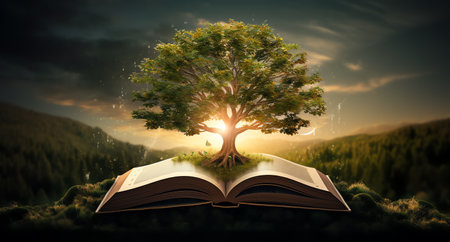 a tree on the top of books, in the style of nature and educationの素材
