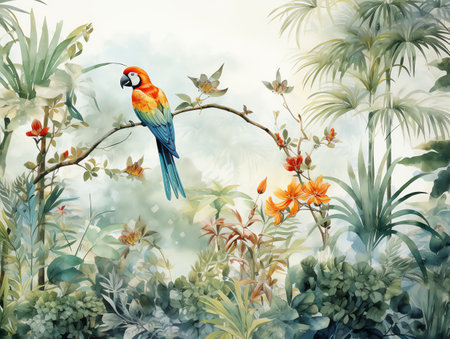 tropical forest painting watercolor for wall art background wallpaperの素材