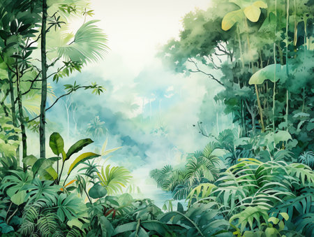 tropical forest painting watercolor for wall art background wallpaperの素材