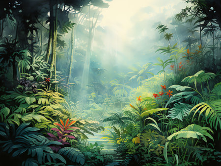 tropical forest painting watercolor for wall art background wallpaperの素材