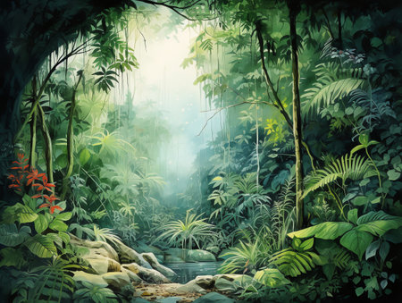 tropical forest painting watercolor for wall art background wallpaperの素材