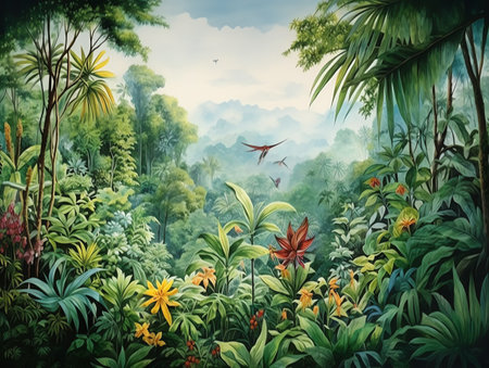 tropical forest painting watercolor for wall art background wallpaperの素材