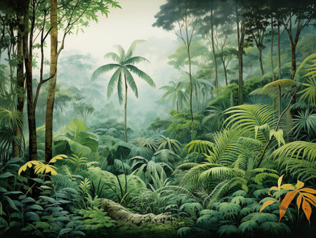 tropical forest painting watercolor for wall art background wallpaperの素材