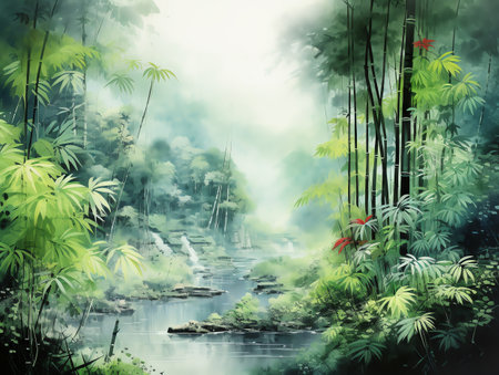 tropical forest painting watercolor for wall art background wallpaperの素材