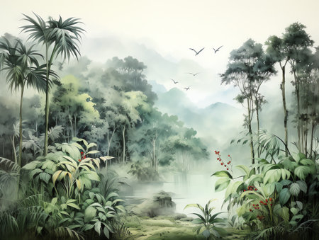 tropical forest painting watercolor for wall art background wallpaperの素材