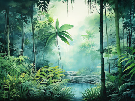 tropical forest painting watercolor for wall art background wallpaperの素材