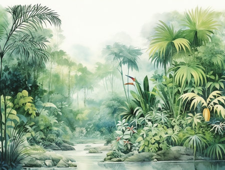 tropical forest painting watercolor for wall art background wallpaperの素材