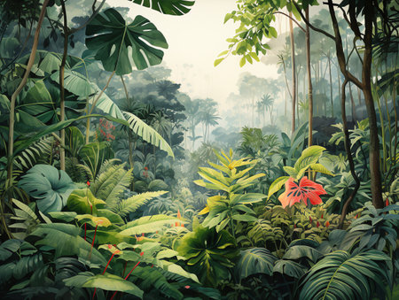 tropical forest painting watercolor for wall art background wallpaperの素材